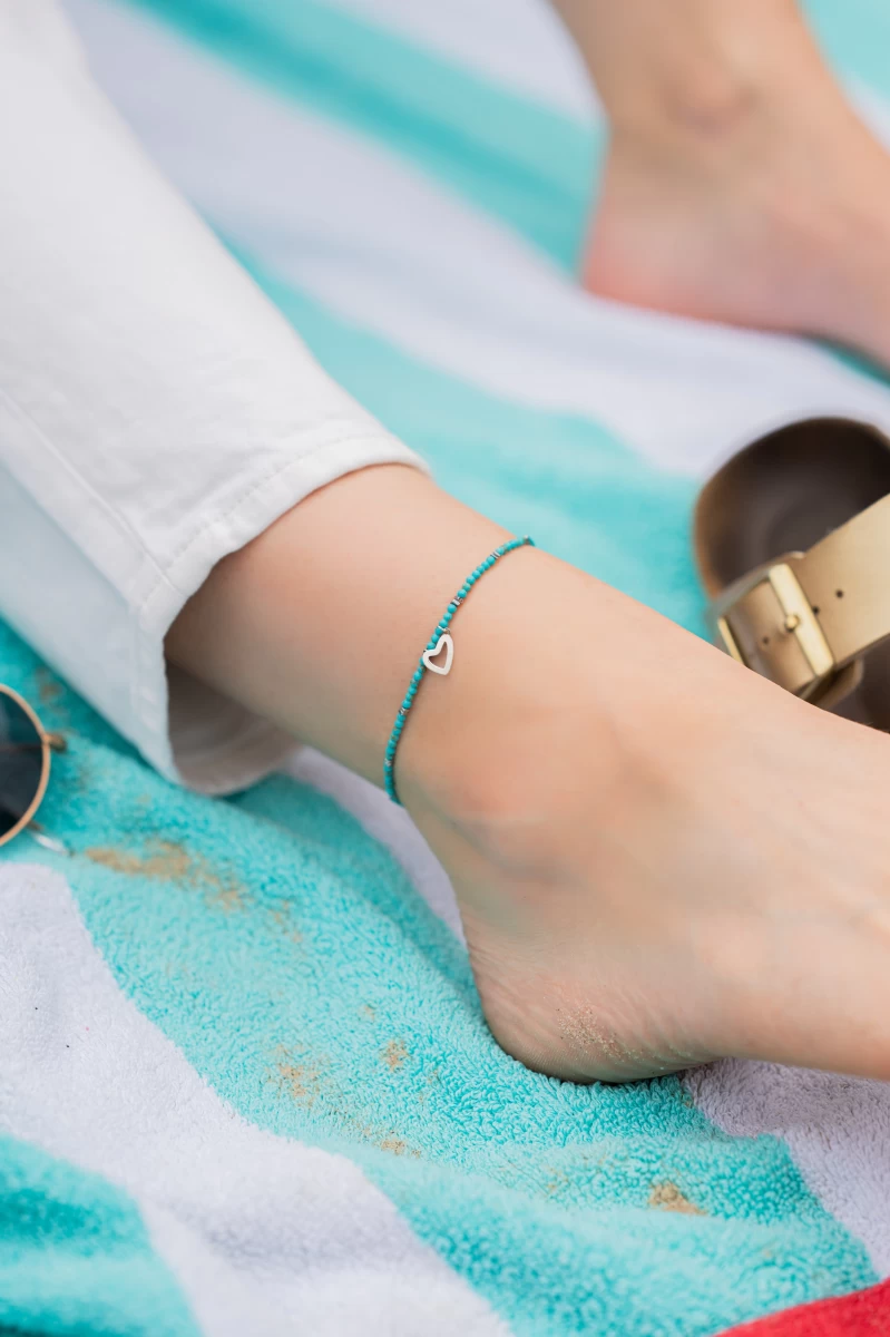 Turquoise Mineral Amorphous Contour Heart Silver 925 Anklet