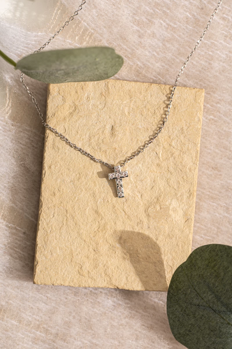 Cubic Zirconia Gemstone Cross Sterling Silver 925 Necklace