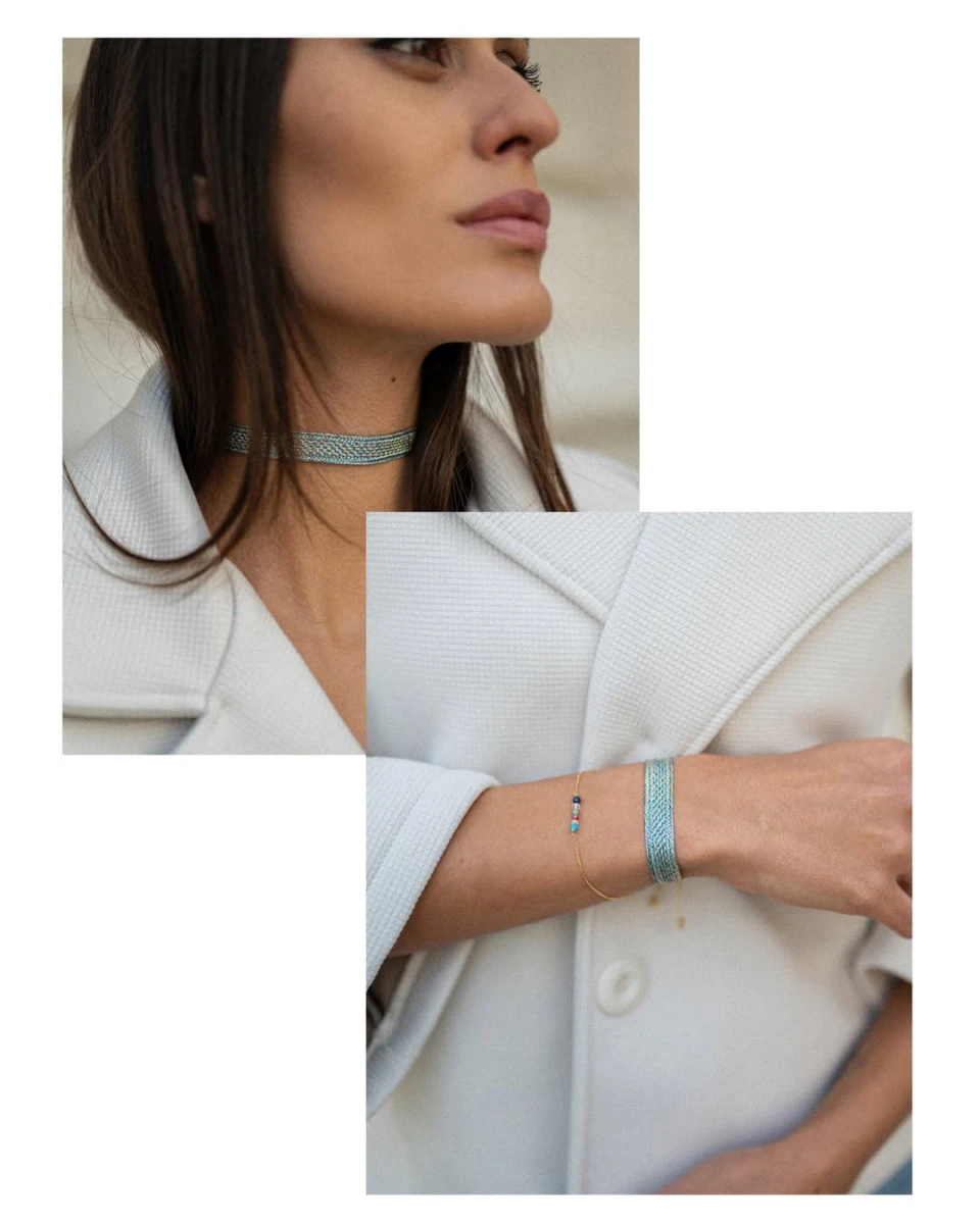Traditional Arabic Gold Thread Choker Necklace in Gold and Denim Blue