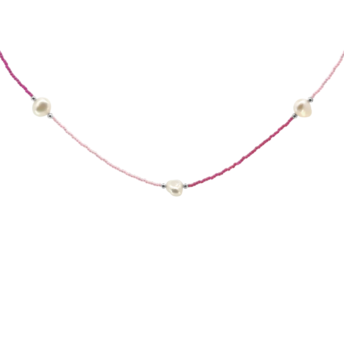 Pink Seed Bead White Freshwater Pearl Silver 925 Necklace