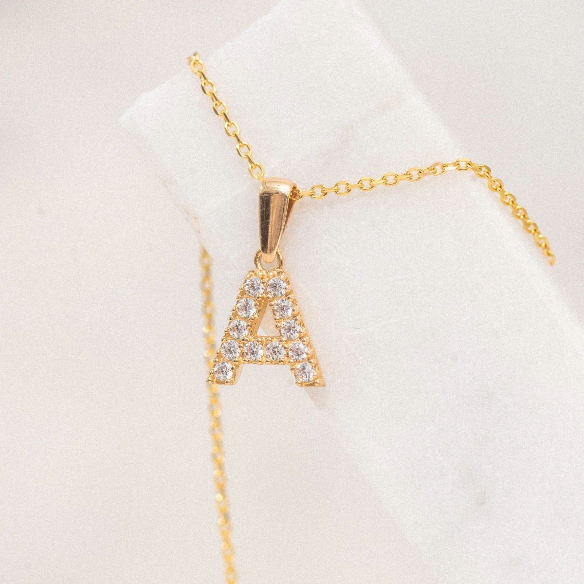 Hand Crafted Zirconia Letter Yellow gold 14K Necklace