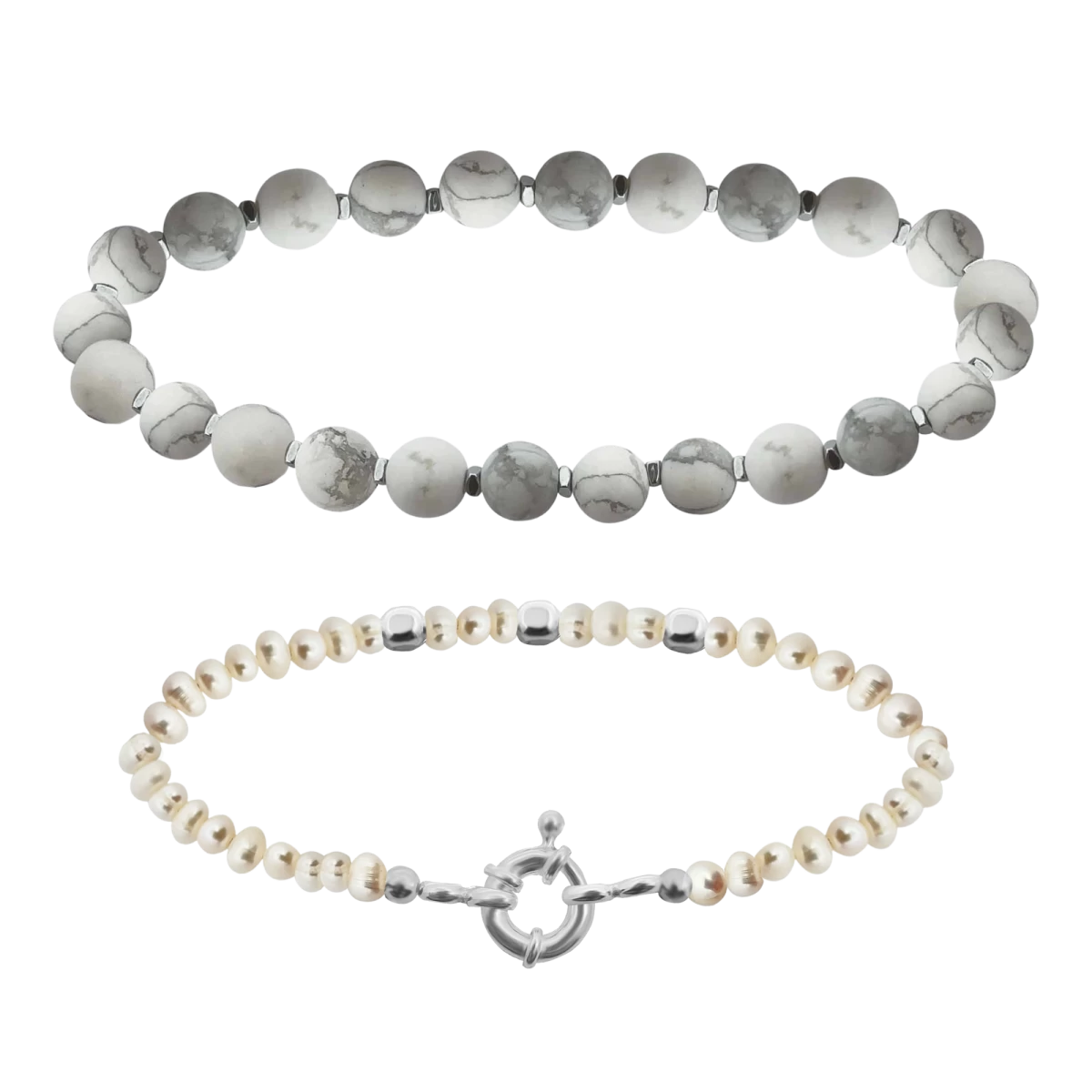 White Freshwater Pearl And Howlit Bracelet For Couples