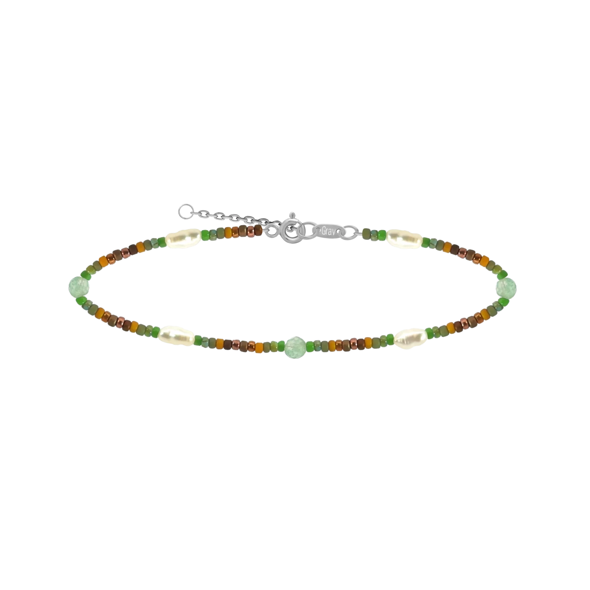 Seed Beads White Rice Shaped Pearl Aventurin Mineral Silver 925 Bracelet