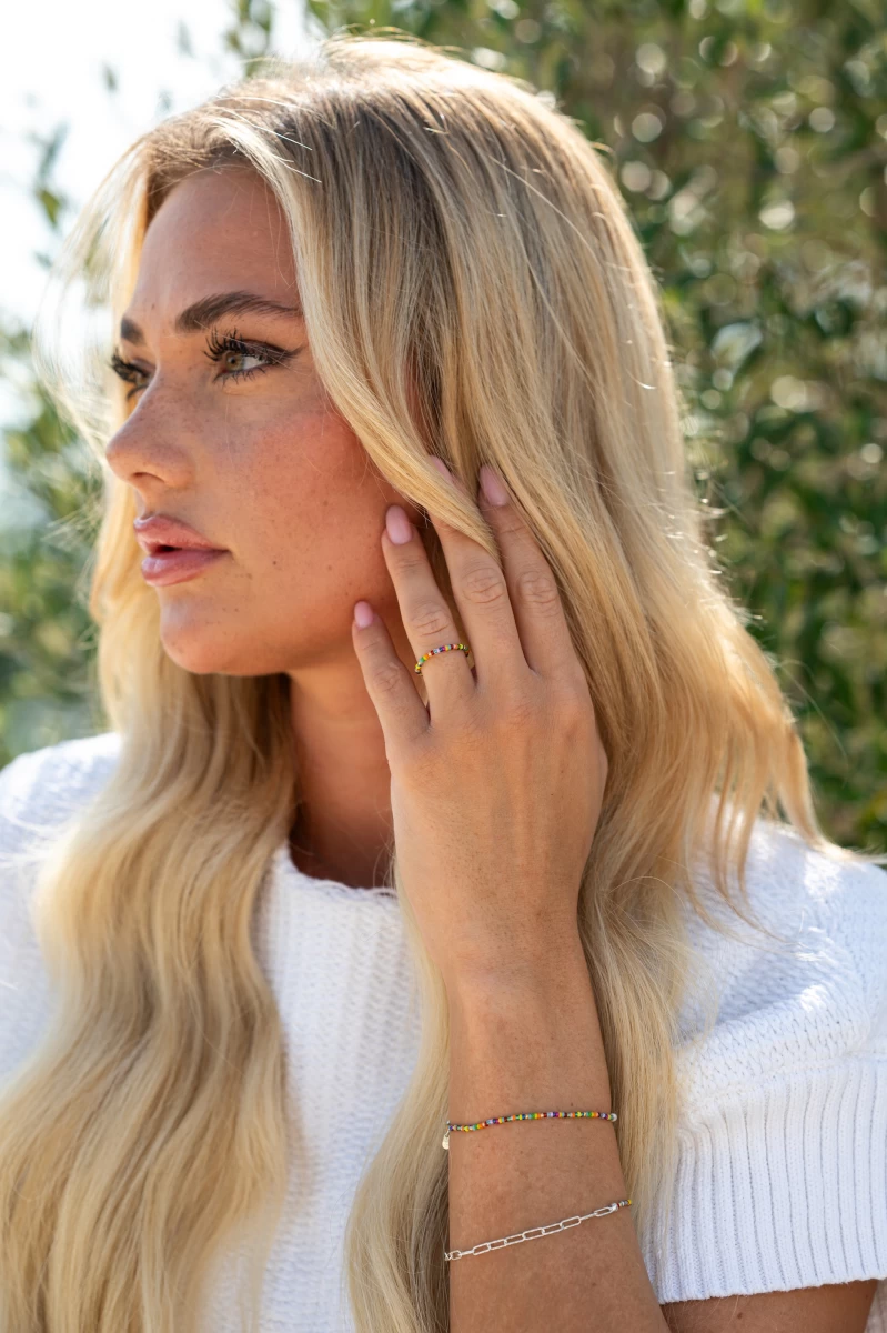 Big Colored Beads Silver Ring