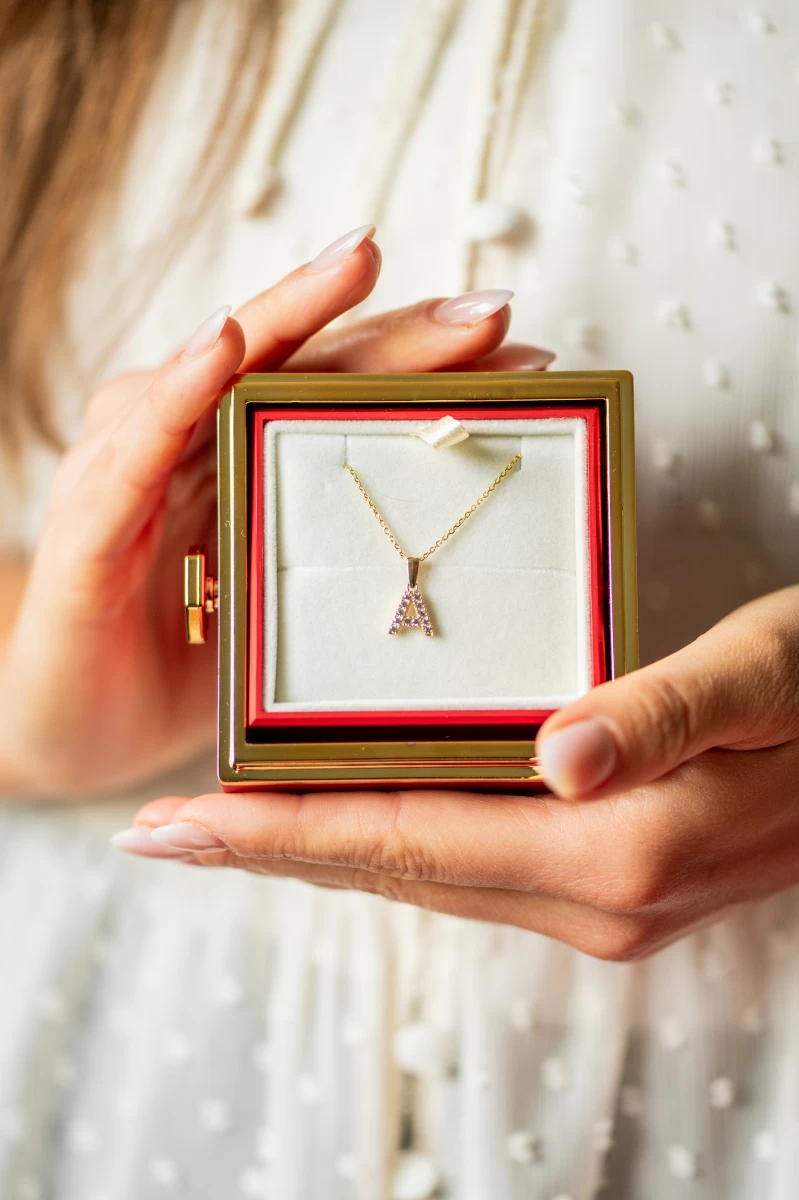 Hand Crafted Zirconia Letter Yellow Gold 14K Necklace