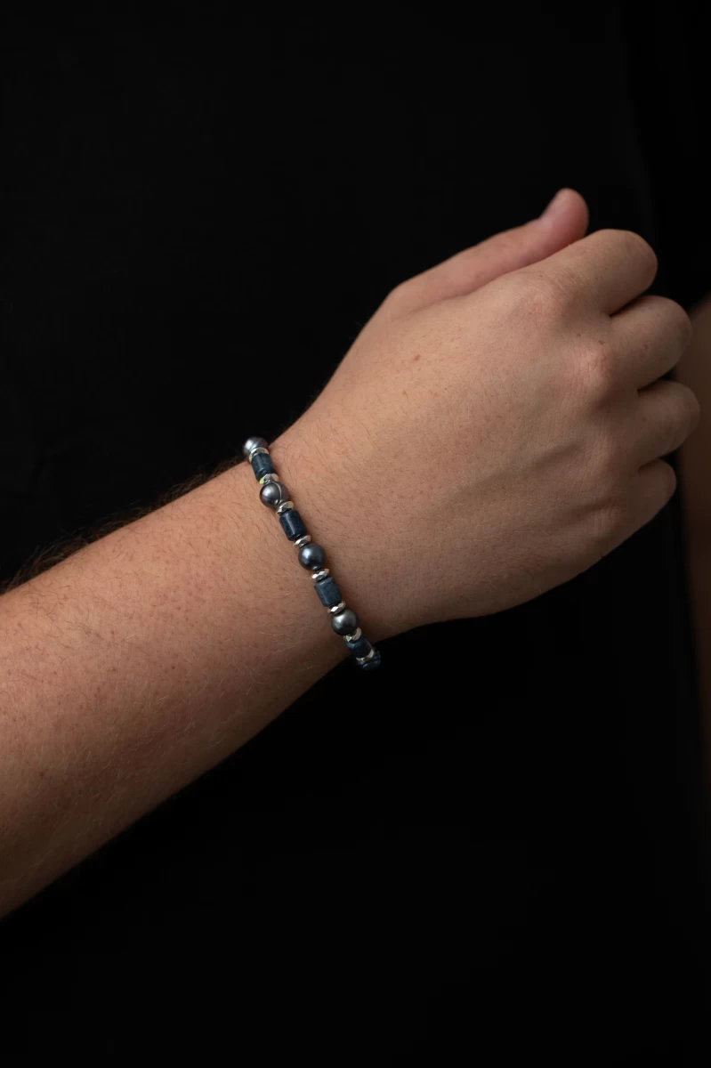 Dumortierit Hematite Mineral Tahitian Pearl Silver 925 Bracelet